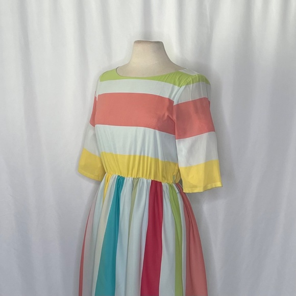 ALICE + OLIVIA Anita Silk Pastel Stripe Dress Retro Blouson Button Back Medium - Picture 8 of 16